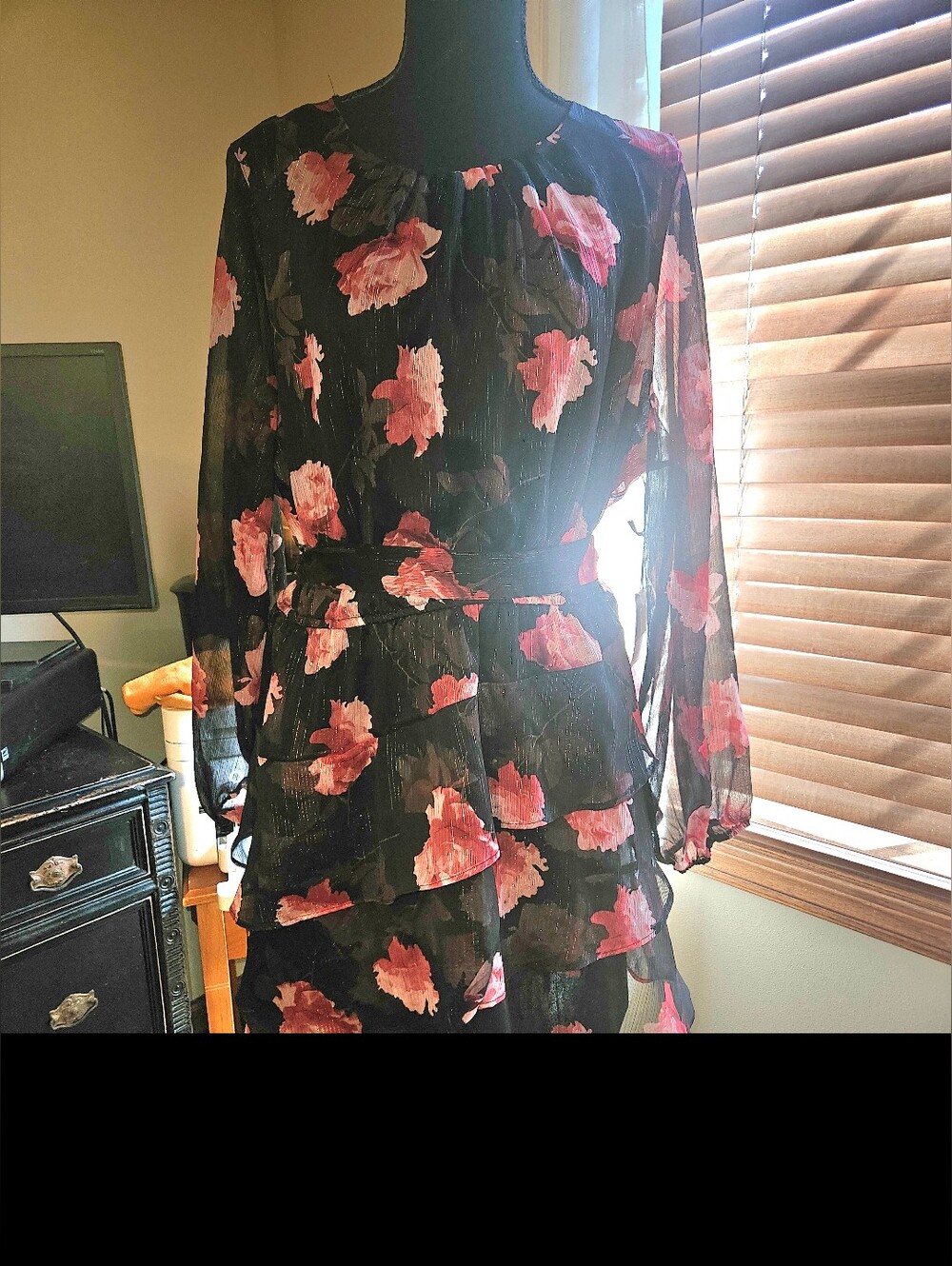 Simply Vera Vera Wang Black Long-Sleeve Tiered Dress Pink Floral Print Sz XXL